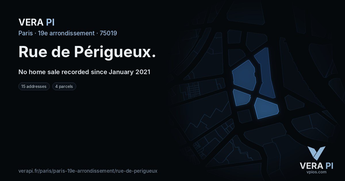 Rue de Périgueux, 19e arrondissement at night – every parcel coloured by the prices around it, the street's own parcels lit