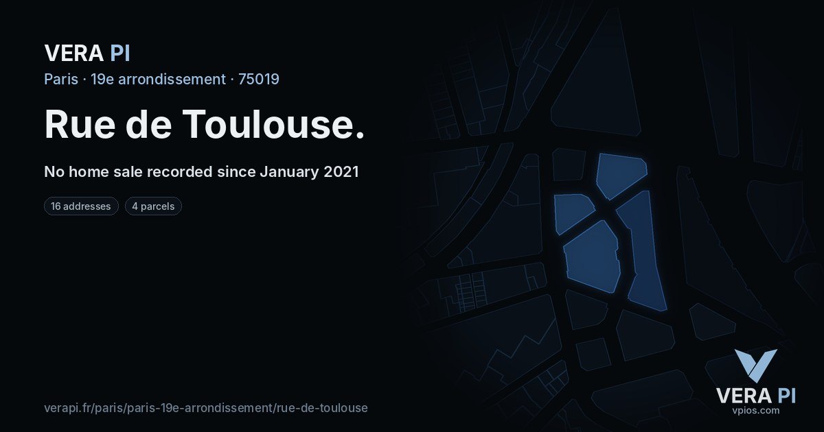 Rue de Toulouse, 19e arrondissement at night – every parcel coloured by the prices around it, the street's own parcels lit