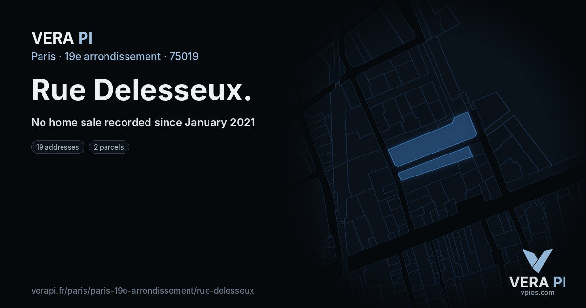 Rue Delesseux, 19e arrondissement at night – every parcel coloured by the prices around it, the street's own parcels lit