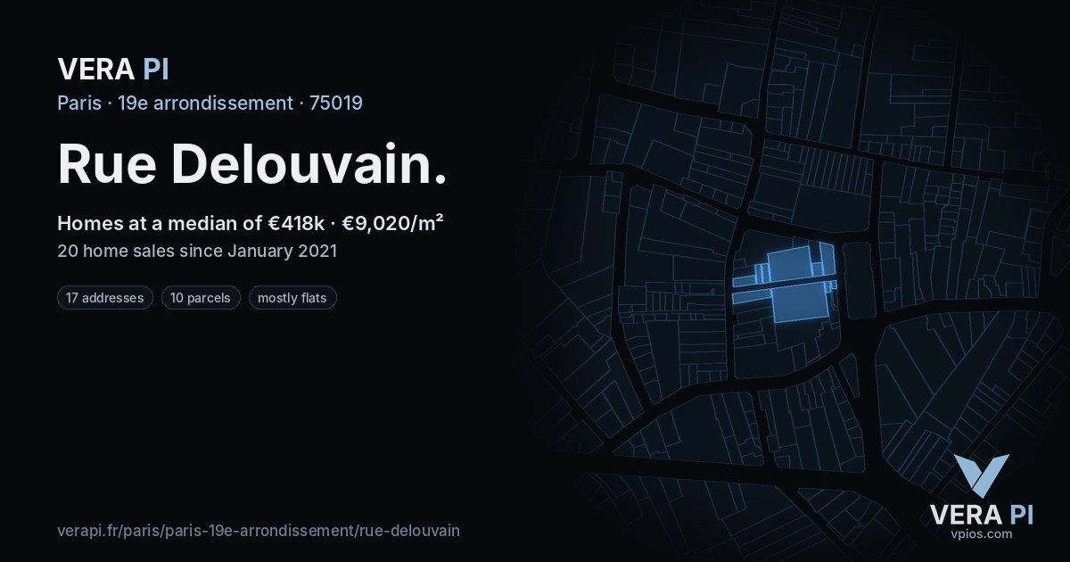 Rue Delouvain, 19e arrondissement at night – every parcel coloured by the prices around it, the street's own parcels lit