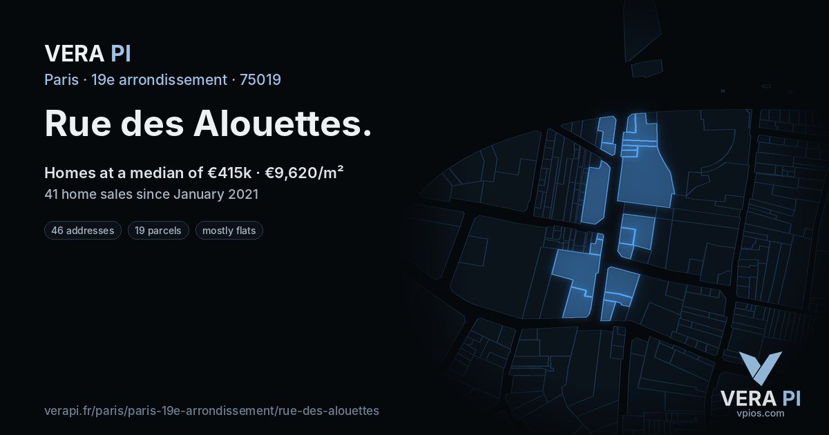 Rue des Alouettes, 19e arrondissement at night – every parcel coloured by the prices around it, the street's own parcels lit