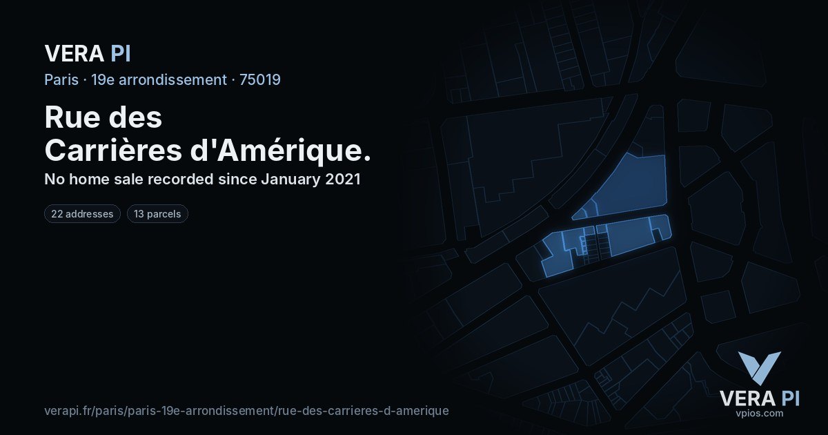 Rue des Carrières d'Amérique, 19e arrondissement at night – every parcel coloured by the prices around it, the street's own parcels lit