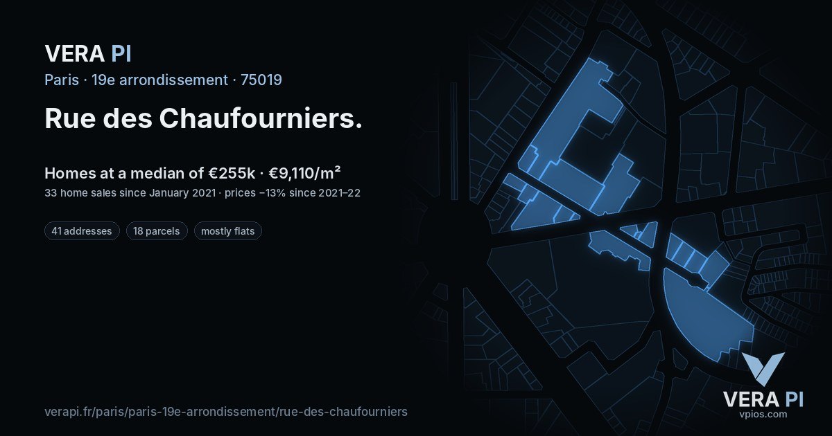 Rue des Chaufourniers, 19e arrondissement at night – every parcel coloured by the prices around it, the street's own parcels lit