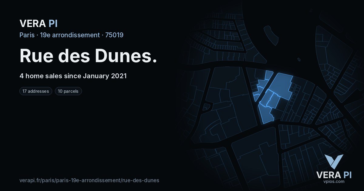 Rue des Dunes, 19e arrondissement at night – every parcel coloured by the prices around it, the street's own parcels lit