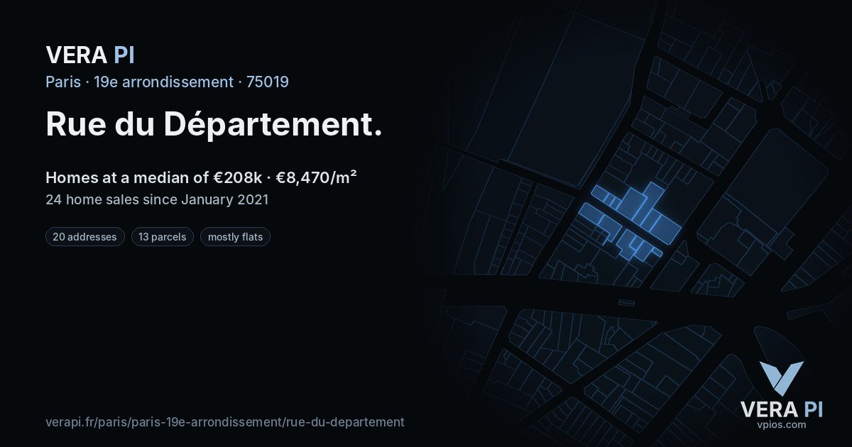 Rue du Département, 19e arrondissement at night – every parcel coloured by the prices around it, the street's own parcels lit