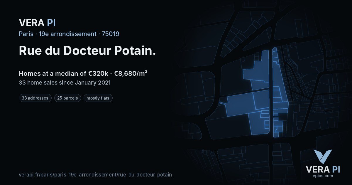 Rue du Docteur Potain, 19e arrondissement at night – every parcel coloured by the prices around it, the street's own parcels lit