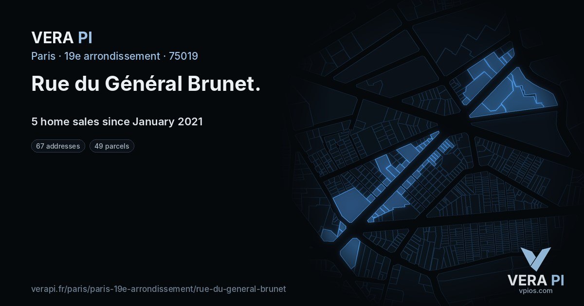 Rue du Général Brunet, 19e arrondissement at night – every parcel coloured by the prices around it, the street's own parcels lit