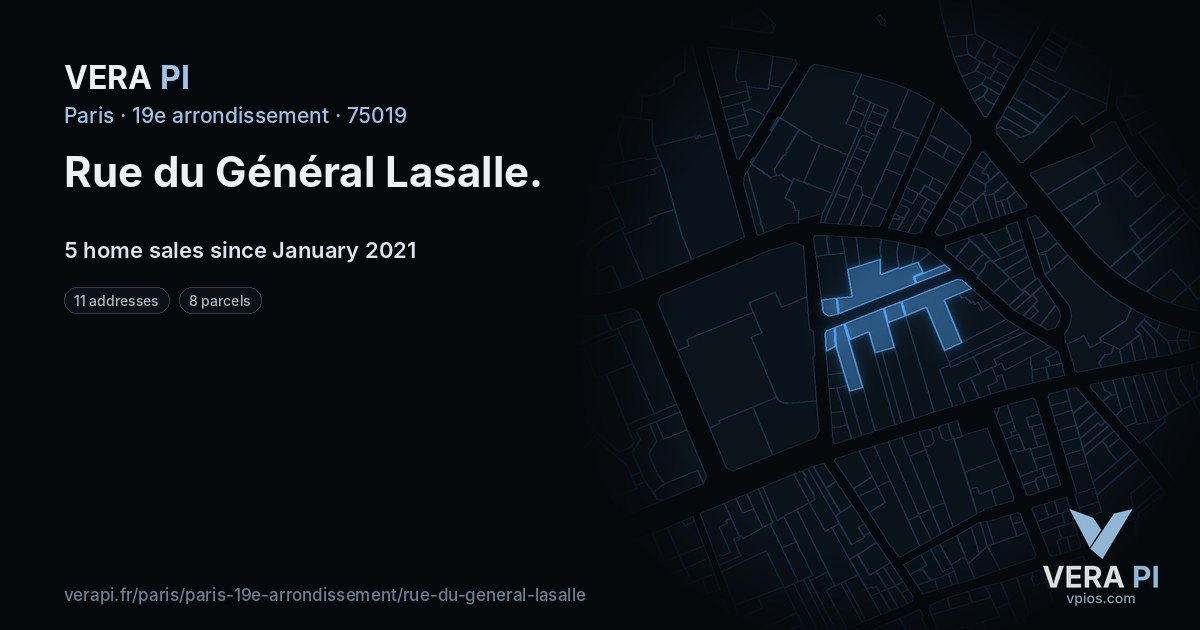Rue du Général Lasalle, 19e arrondissement at night – every parcel coloured by the prices around it, the street's own parcels lit