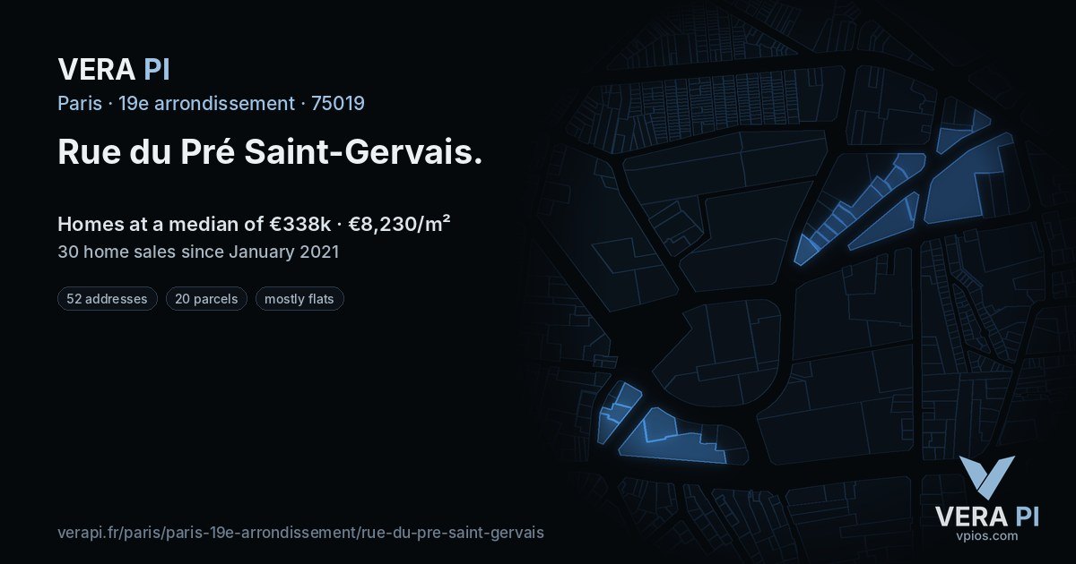 Rue du Pré Saint-Gervais, 19e arrondissement at night – every parcel coloured by the prices around it, the street's own parcels lit