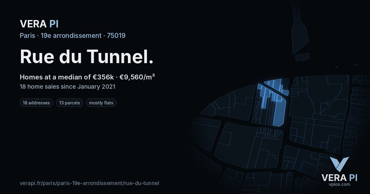 Rue du Tunnel, 19e arrondissement at night – every parcel coloured by the prices around it, the street's own parcels lit