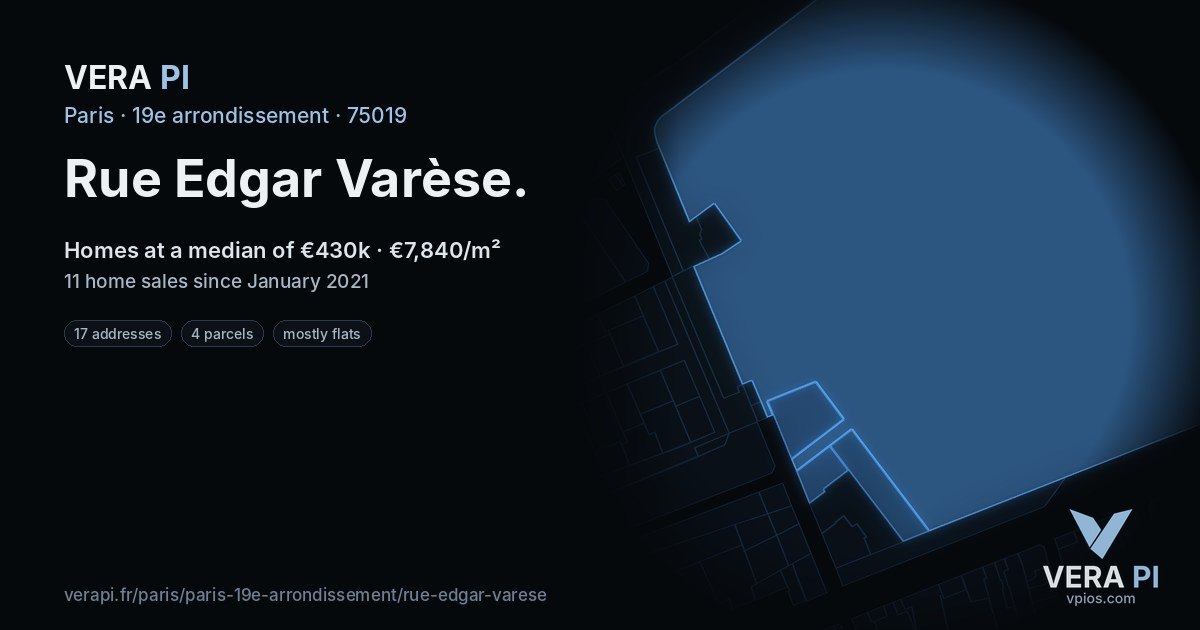 Rue Edgar Varèse, 19e arrondissement at night – every parcel coloured by the prices around it, the street's own parcels lit