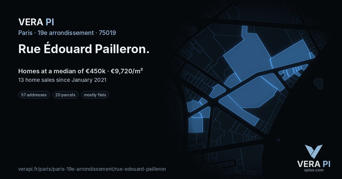 Rue Édouard Pailleron, 19e arrondissement at night – every parcel coloured by the prices around it, the street's own parcels lit