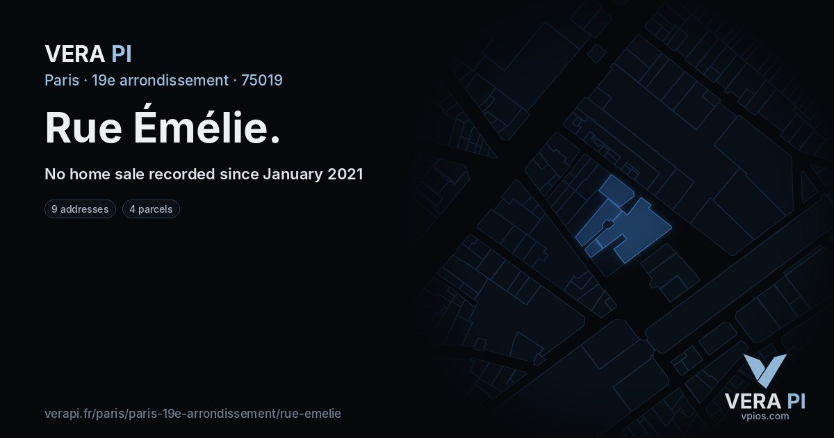 Rue Émélie, 19e arrondissement at night – every parcel coloured by the prices around it, the street's own parcels lit