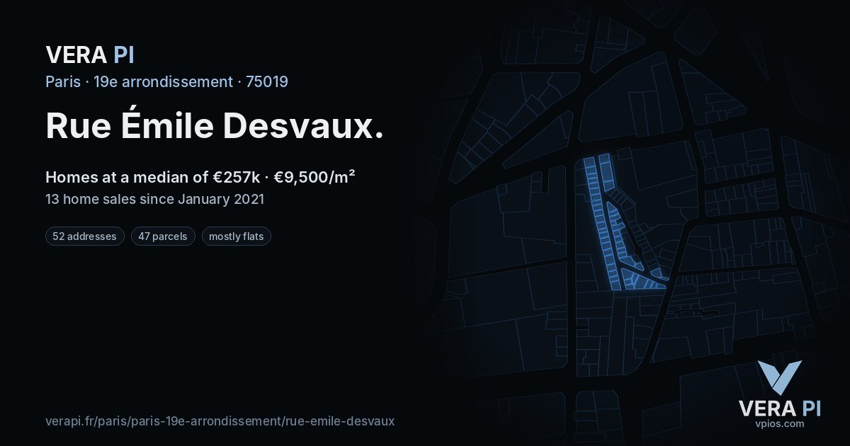 Rue Émile Desvaux, 19e arrondissement at night – every parcel coloured by the prices around it, the street's own parcels lit