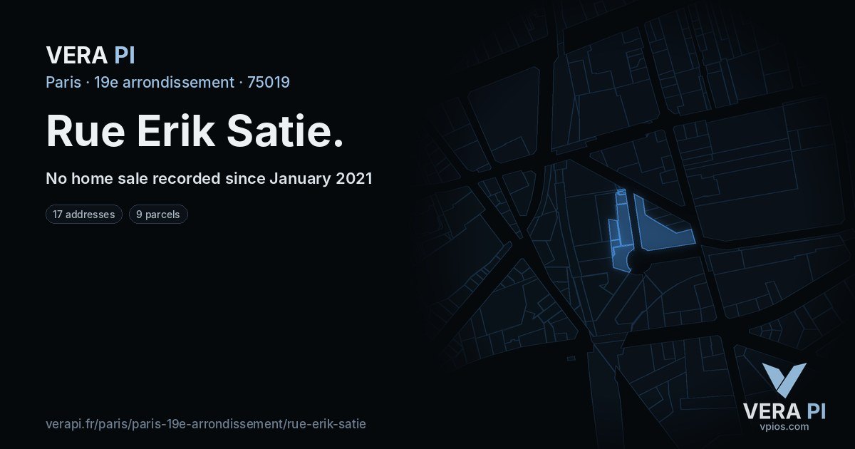 Rue Erik Satie, 19e arrondissement at night – every parcel coloured by the prices around it, the street's own parcels lit