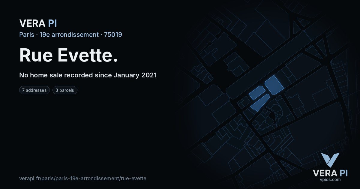 Rue Evette, 19e arrondissement at night – every parcel coloured by the prices around it, the street's own parcels lit
