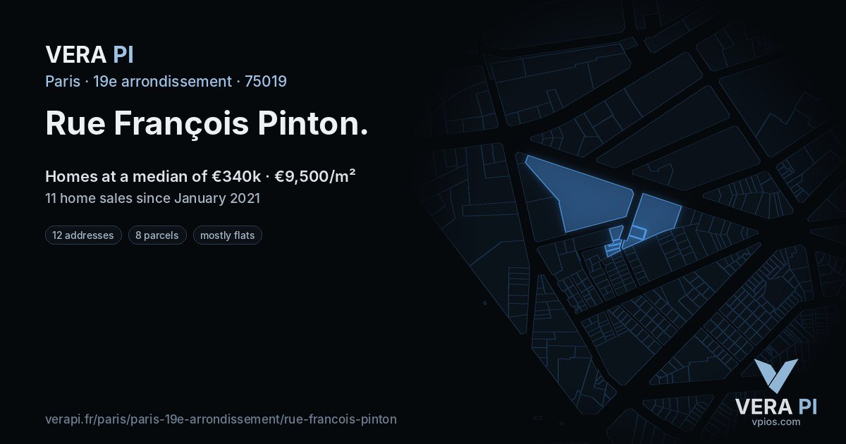 Rue François Pinton, 19e arrondissement at night – every parcel coloured by the prices around it, the street's own parcels lit