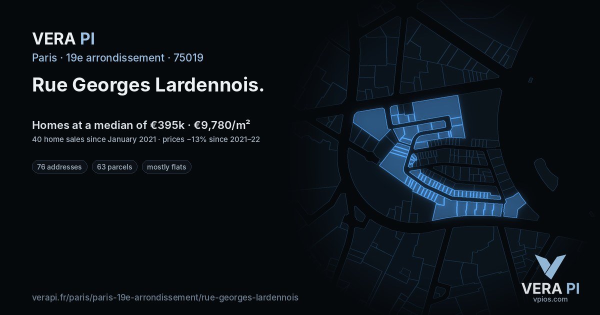 Rue Georges Lardennois, 19e arrondissement at night – every parcel coloured by the prices around it, the street's own parcels lit
