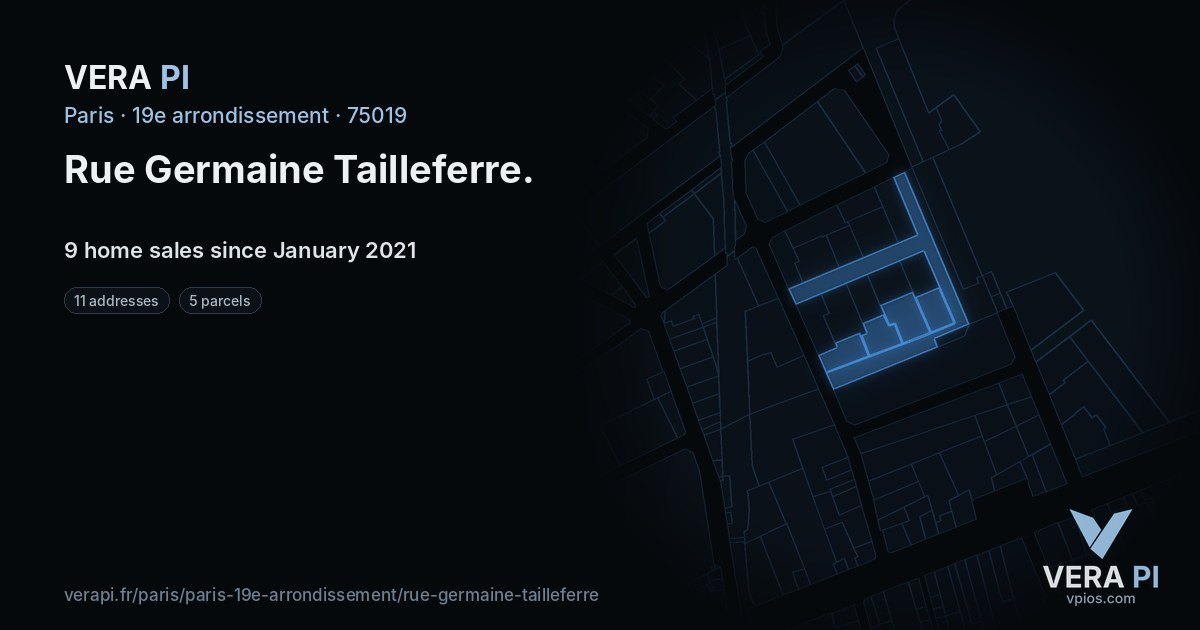 Rue Germaine Tailleferre, 19e arrondissement at night – every parcel coloured by the prices around it, the street's own parcels lit