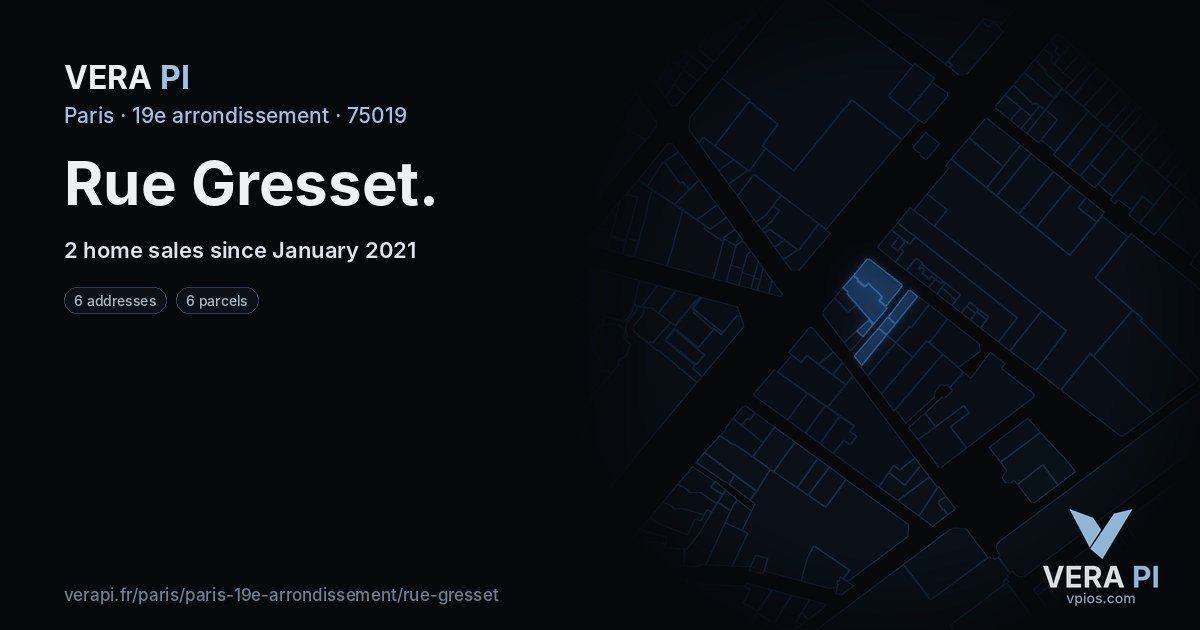 Rue Gresset, 19e arrondissement at night – every parcel coloured by the prices around it, the street's own parcels lit