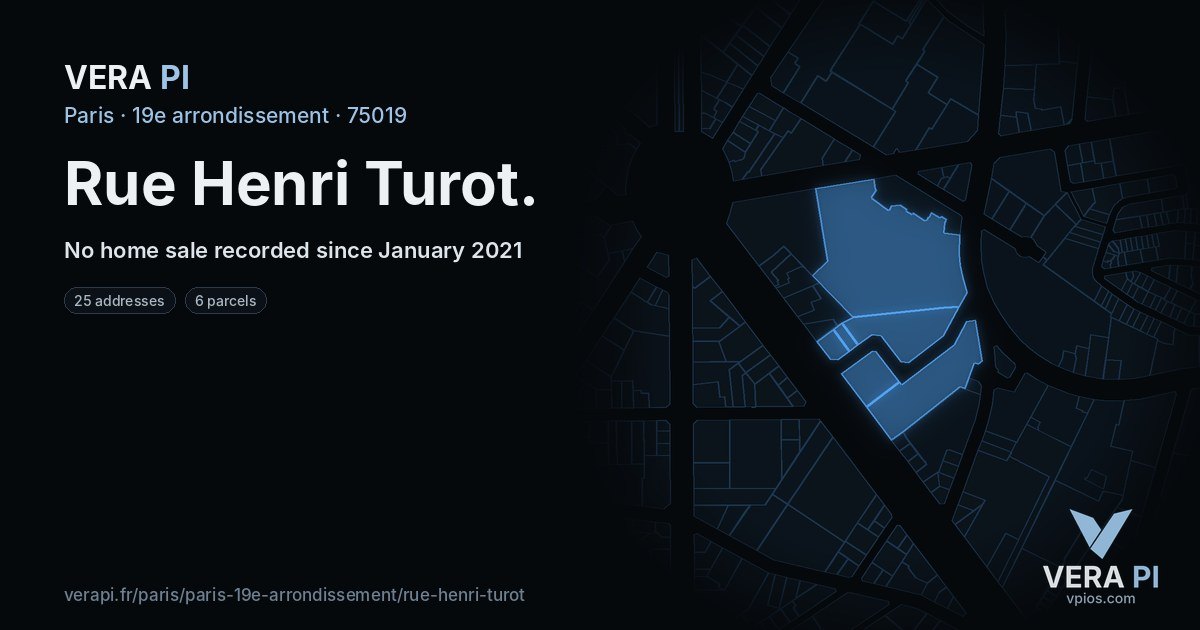 Rue Henri Turot, 19e arrondissement at night – every parcel coloured by the prices around it, the street's own parcels lit