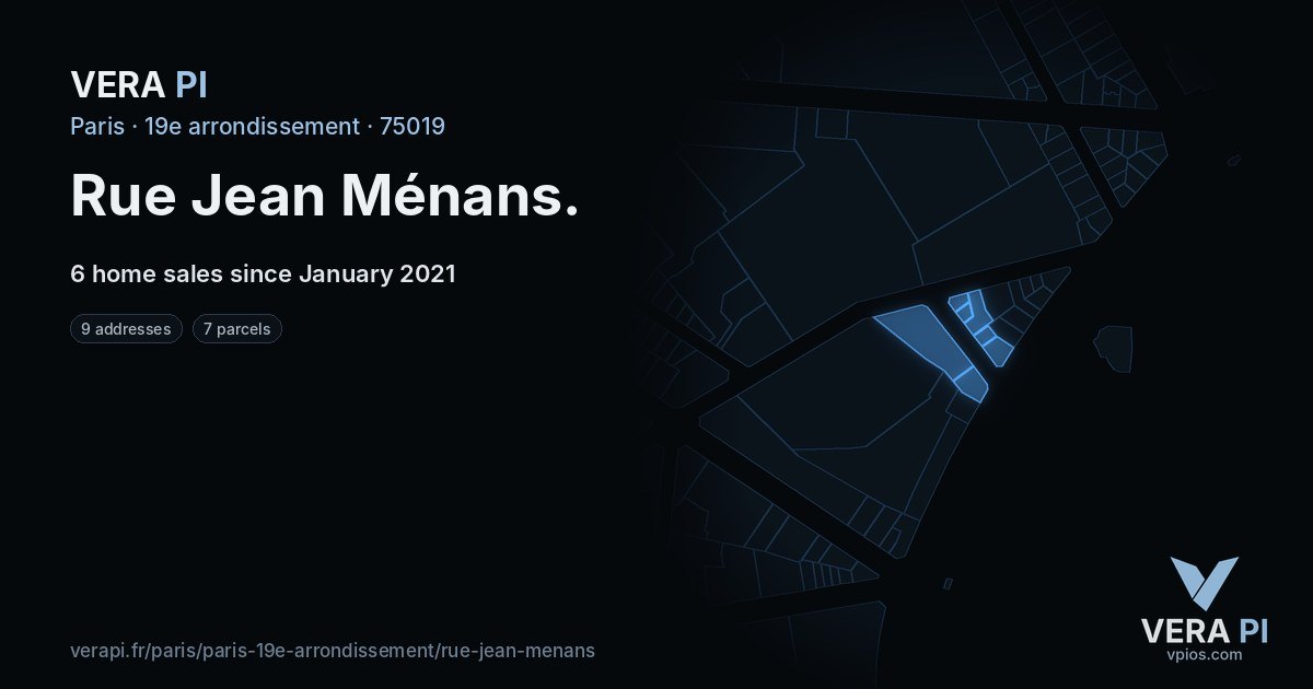 Rue Jean Ménans, 19e arrondissement at night – every parcel coloured by the prices around it, the street's own parcels lit