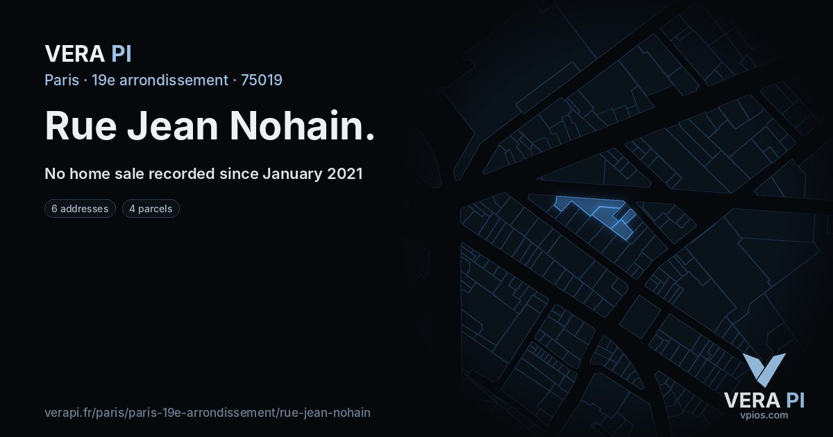 Rue Jean Nohain, 19e arrondissement at night – every parcel coloured by the prices around it, the street's own parcels lit