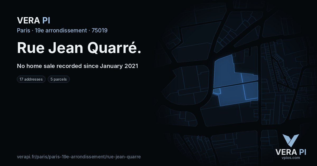Rue Jean Quarré, 19e arrondissement at night – every parcel coloured by the prices around it, the street's own parcels lit
