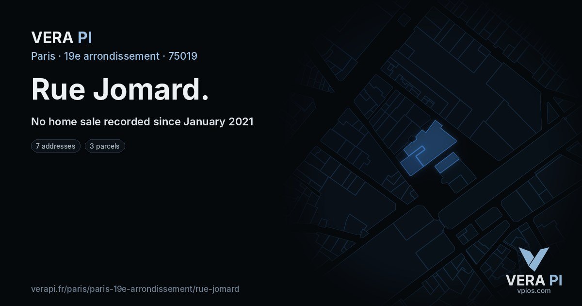Rue Jomard, 19e arrondissement at night – every parcel coloured by the prices around it, the street's own parcels lit