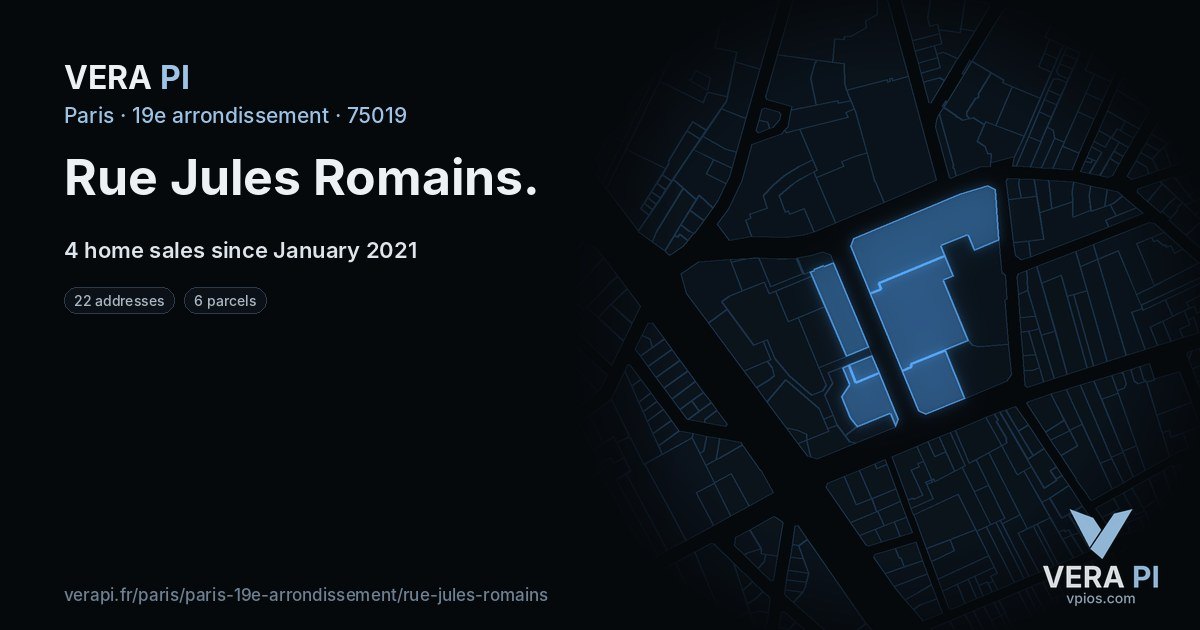 Rue Jules Romains, 19e arrondissement at night – every parcel coloured by the prices around it, the street's own parcels lit