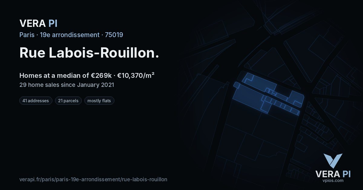 Rue Labois-Rouillon, 19e arrondissement at night – every parcel coloured by the prices around it, the street's own parcels lit