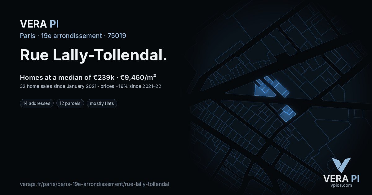 Rue Lally-Tollendal, 19e arrondissement at night – every parcel coloured by the prices around it, the street's own parcels lit
