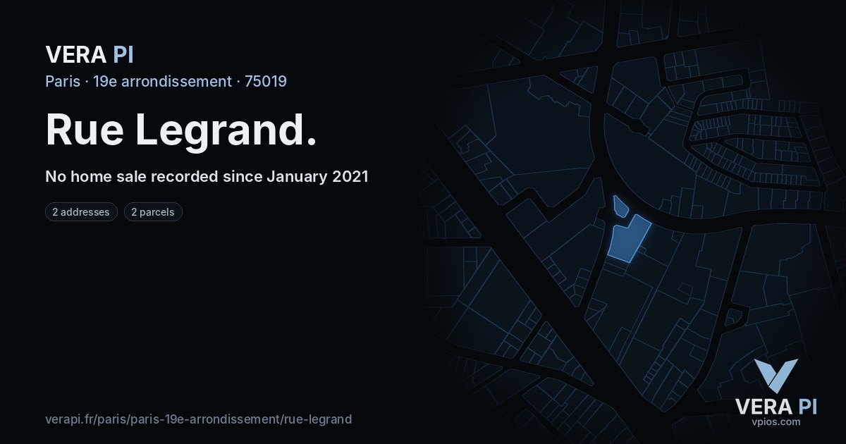 Rue Legrand, 19e arrondissement at night – every parcel coloured by the prices around it, the street's own parcels lit