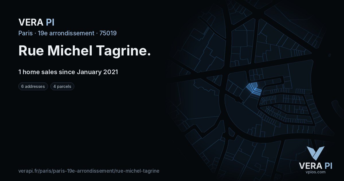 Rue Michel Tagrine, 19e arrondissement at night – every parcel coloured by the prices around it, the street's own parcels lit