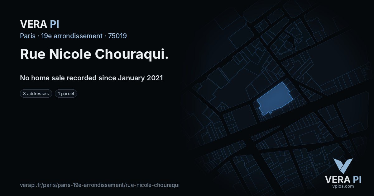 Rue Nicole Chouraqui, 19e arrondissement at night – every parcel coloured by the prices around it, the street's own parcels lit