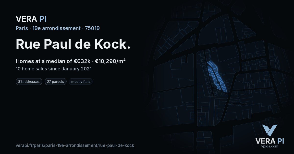 Rue Paul de Kock, 19e arrondissement at night – every parcel coloured by the prices around it, the street's own parcels lit