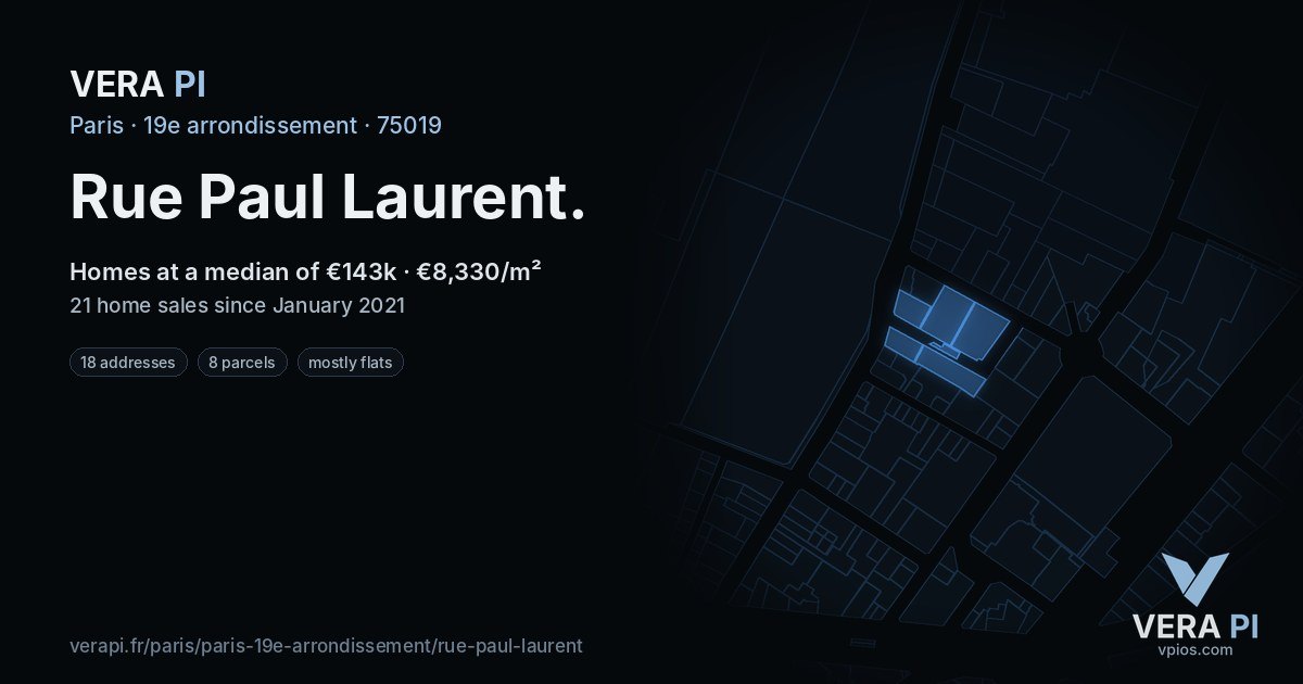 Rue Paul Laurent, 19e arrondissement at night – every parcel coloured by the prices around it, the street's own parcels lit