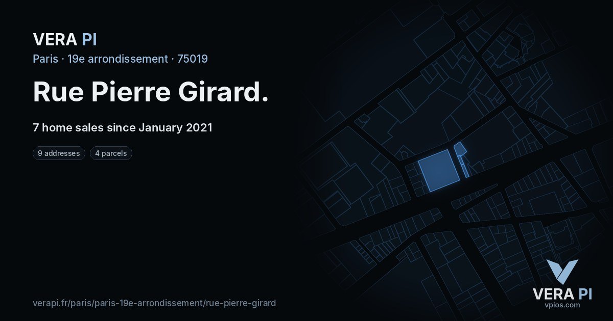 Rue Pierre Girard, 19e arrondissement at night – every parcel coloured by the prices around it, the street's own parcels lit