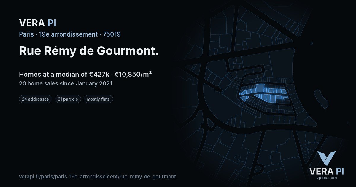 Rue Rémy de Gourmont, 19e arrondissement at night – every parcel coloured by the prices around it, the street's own parcels lit