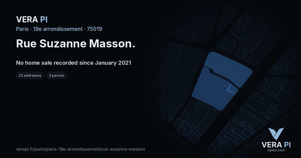 Rue Suzanne Masson, 19e arrondissement at night – every parcel coloured by the prices around it, the street's own parcels lit