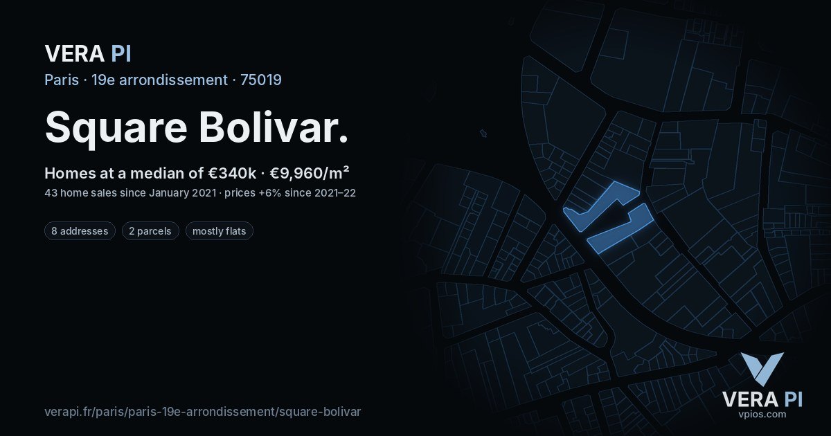 Square Bolivar, 19e arrondissement at night – every parcel coloured by the prices around it, the street's own parcels lit