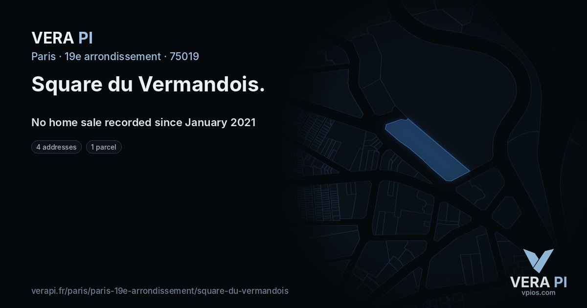 Square du Vermandois, 19e arrondissement at night – every parcel coloured by the prices around it, the street's own parcels lit