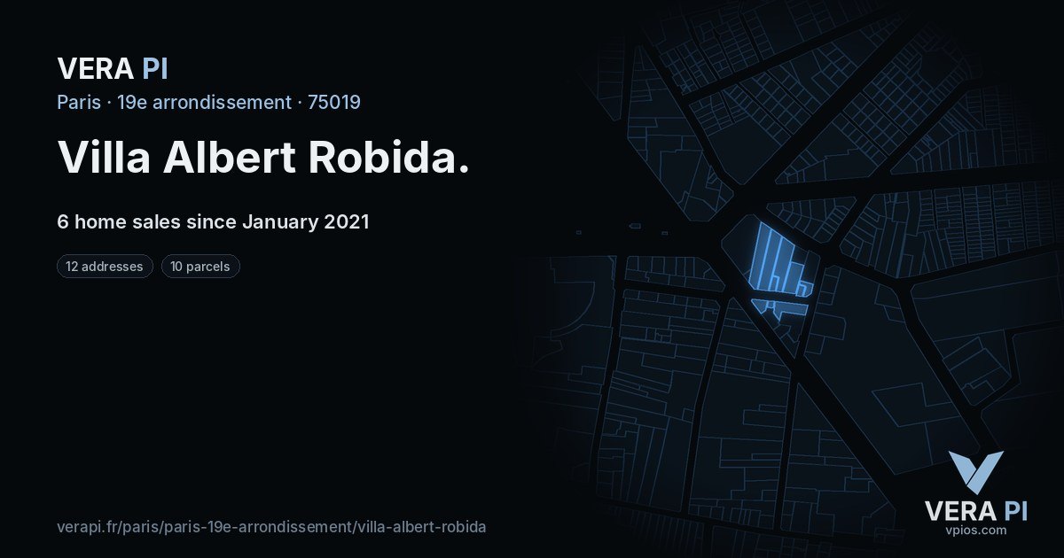 Villa Albert Robida, 19e arrondissement at night – every parcel coloured by the prices around it, the street's own parcels lit