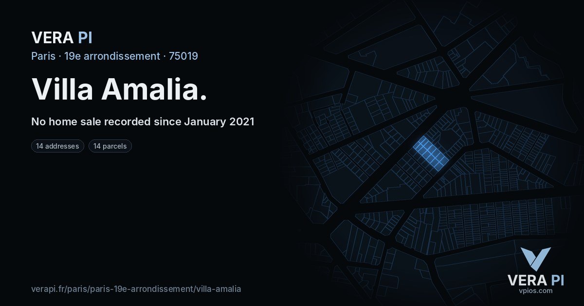 Villa Amalia, 19e arrondissement at night – every parcel coloured by the prices around it, the street's own parcels lit