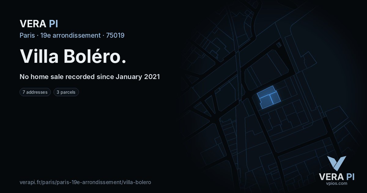 Villa Boléro, 19e arrondissement at night – every parcel coloured by the prices around it, the street's own parcels lit