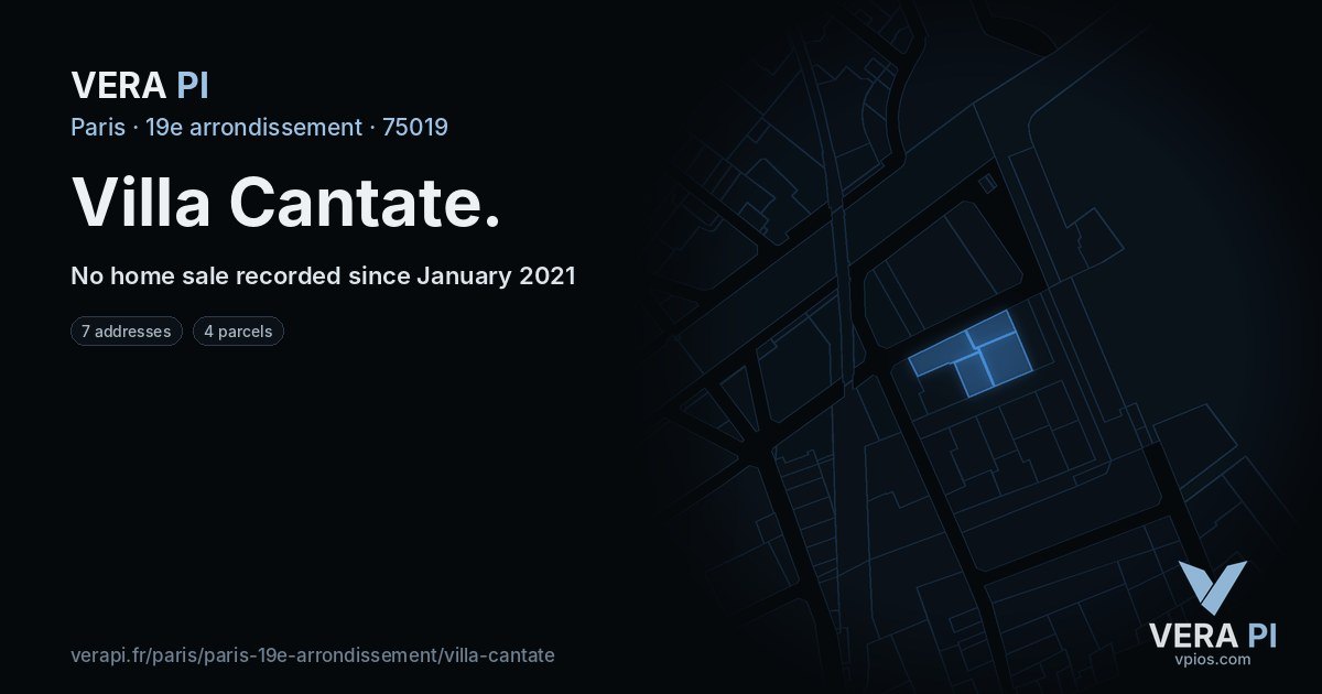 Villa Cantate, 19e arrondissement at night – every parcel coloured by the prices around it, the street's own parcels lit