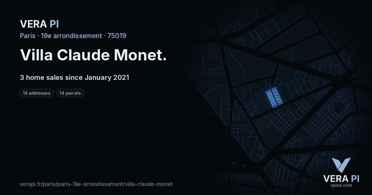 Villa Claude Monet, 19e arrondissement at night – every parcel coloured by the prices around it, the street's own parcels lit