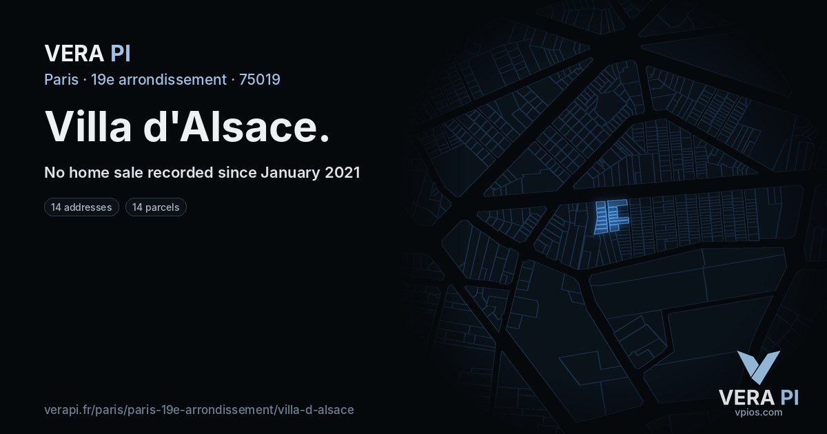 Villa d'Alsace, 19e arrondissement at night – every parcel coloured by the prices around it, the street's own parcels lit