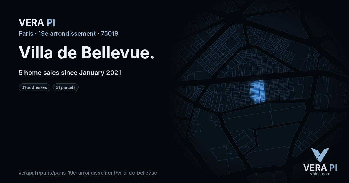 Villa de Bellevue, 19e arrondissement at night – every parcel coloured by the prices around it, the street's own parcels lit