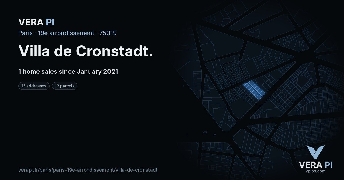Villa de Cronstadt, 19e arrondissement at night – every parcel coloured by the prices around it, the street's own parcels lit